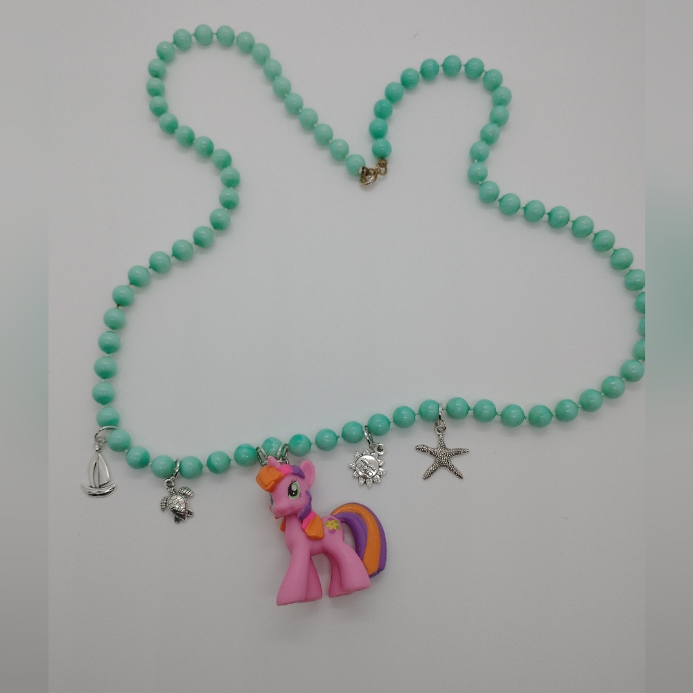 Necklace Beachberry My Little Pony OOAK Handmade Beaded Sea Blue Silver Charms